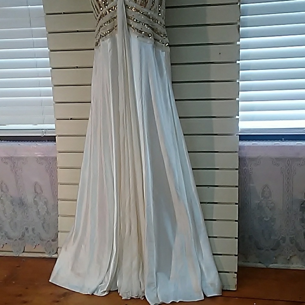 White with gold sequined trim backless formal - Picture 3 of 6